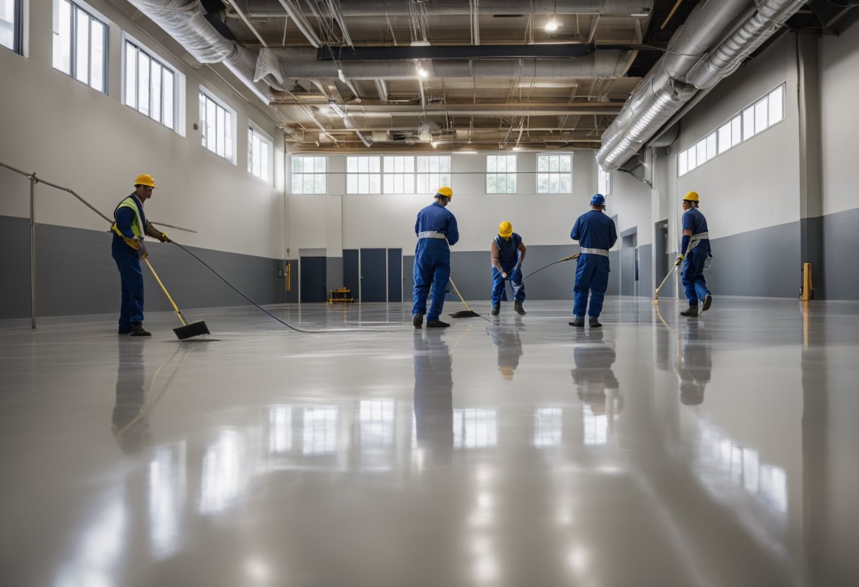 A team of workers applies epoxy flooring in a Brookline building, creating a smooth, durable surface