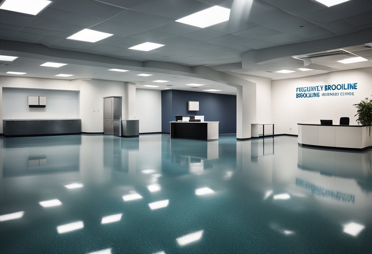 A spacious, modern office with a sleek, glossy epoxy floor. A sign reads "Frequently Asked Questions Brookline Epoxy Flooring" on the wall