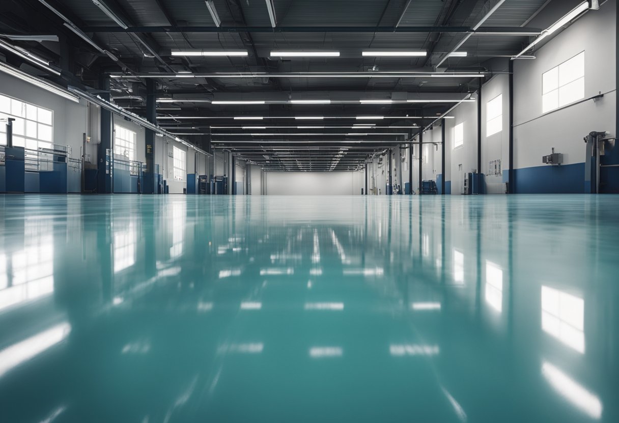 A smooth, glossy epoxy floor in a modern industrial setting with clean lines and minimalistic design