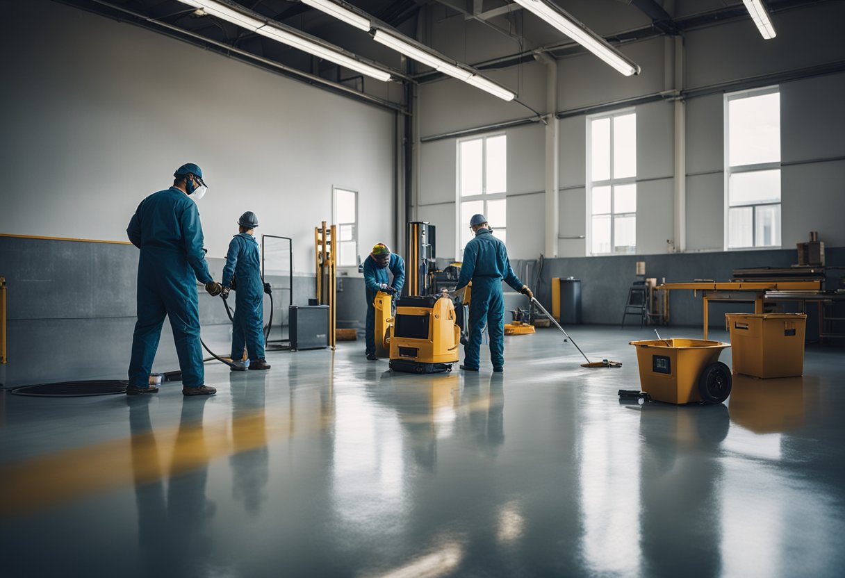 A team of workers applies epoxy coating to a concrete floor in a spacious, well-lit room. Tools and materials are neatly organized around the work area
