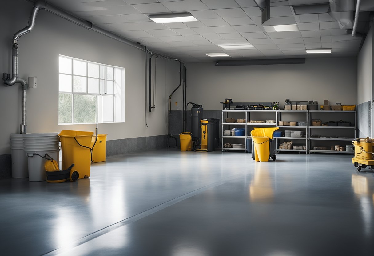 A spacious, well-lit room with clean, smooth concrete floors. Various tools and equipment are neatly organized along the walls, and large buckets of epoxy resin sit ready for use