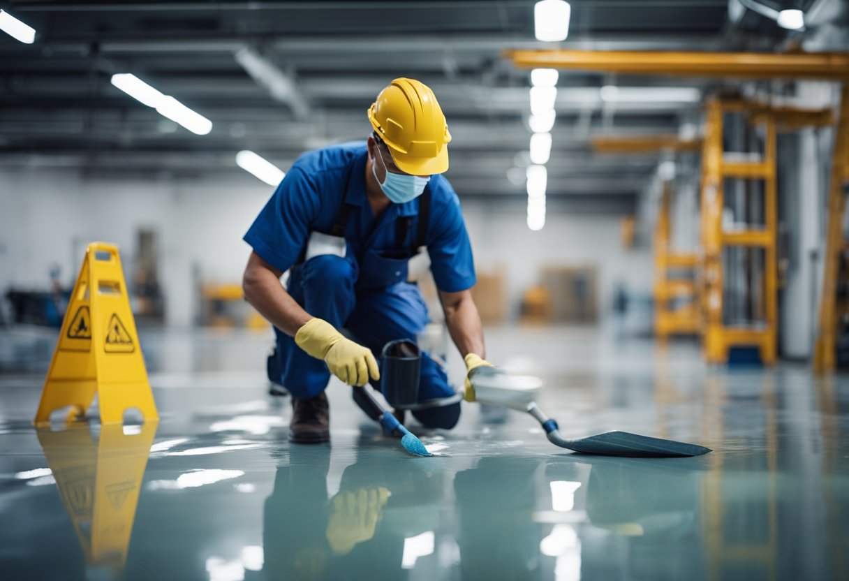 A technician applies epoxy coating to a damaged floor, smoothing and repairing the surface. Maintenance tools and materials are neatly organized nearby