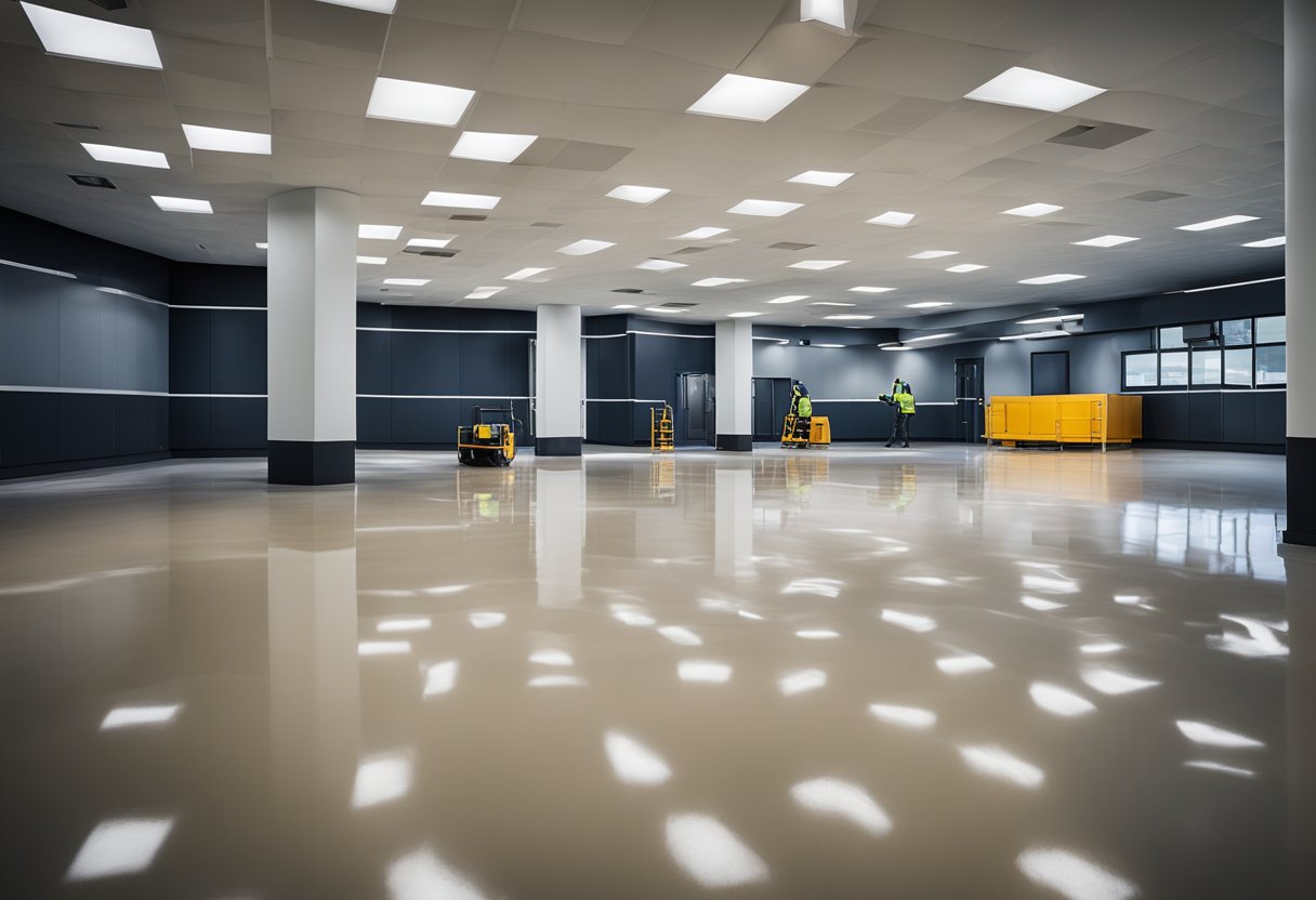 A team of workers applies epoxy flooring to a sleek, modern space in Mount Washington. The smooth, glossy finish reflects the overhead lights, creating a stunning, polished look