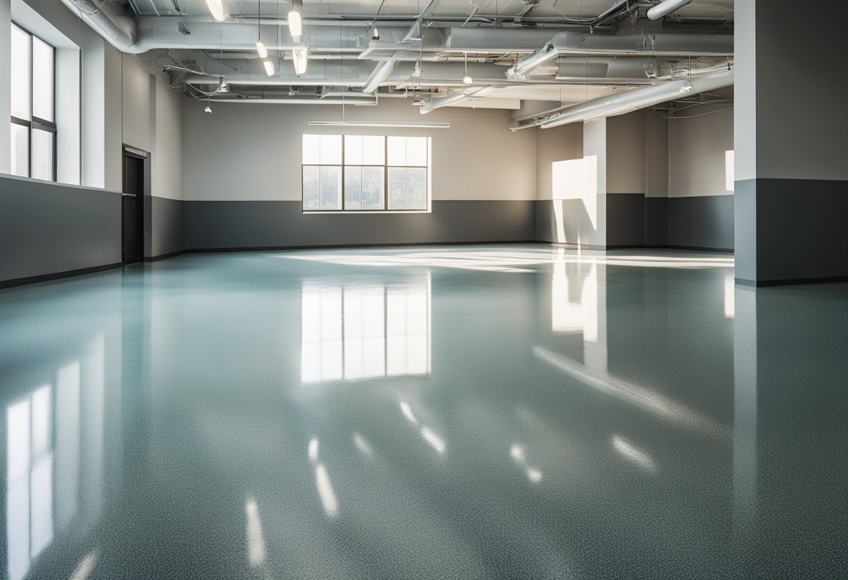 A spacious room with a glossy, seamless epoxy floor in Mount Washington. Light reflects off the smooth surface, giving the space a modern and clean look