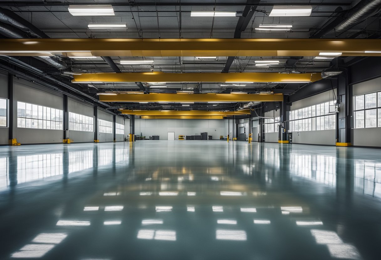A modern industrial space with sleek epoxy flooring in Monroeville. Customized designs and color choices add a unique touch to the polished surface