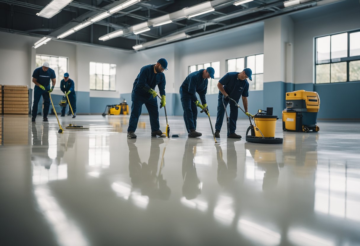 A group of local professionals are skillfully applying epoxy flooring in a modern, spacious room with natural light streaming in, showcasing the durability and quality of their work