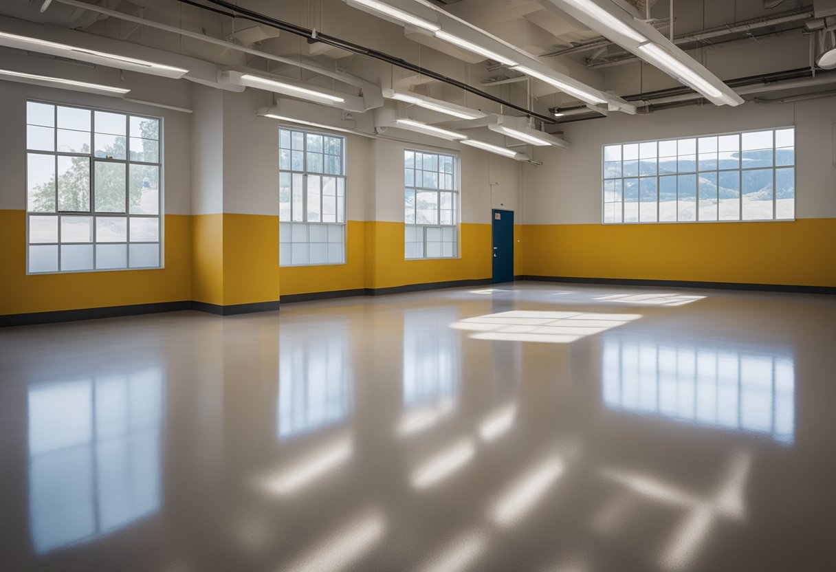 A spacious room with a glossy, seamless epoxy floor. A sign with "Frequently Asked Questions Mount Washington Epoxy Flooring" is prominently displayed