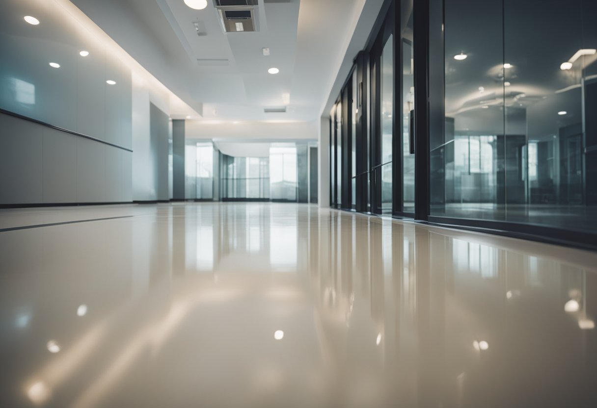A smooth, glossy epoxy floor shines in a well-lit room, reflecting the surrounding space with a clean, modern finish