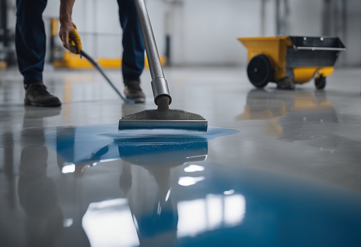 A worker is pouring epoxy resin onto a smooth concrete floor, spreading it evenly with a roller. The floor is being transformed into a glossy, durable surface