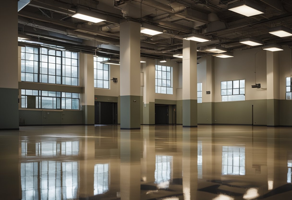 A sleek, glossy epoxy floor in East Liberty undergoes routine maintenance, ensuring its longevity