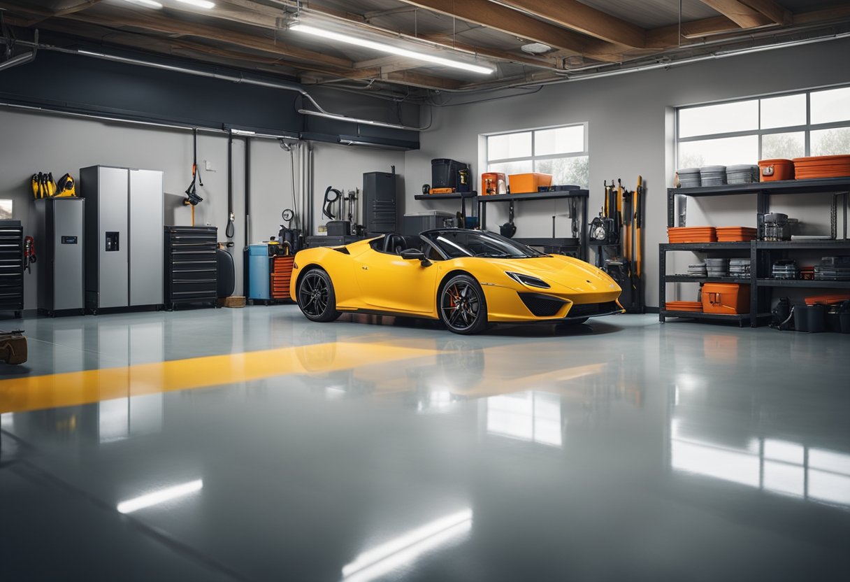 A spacious, well-lit garage with a glossy, seamless epoxy floor. Tools and equipment neatly organized along the walls. A car parked in the center, showcasing the durability and sleekness of the flooring