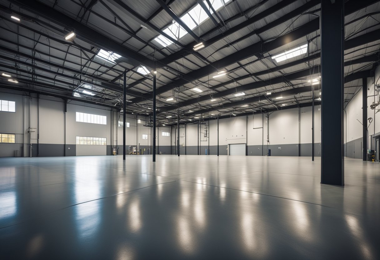 A spacious industrial warehouse with smooth, glossy epoxy flooring. Equipment and supplies neatly organized along the walls. Bright overhead lighting illuminates the space
