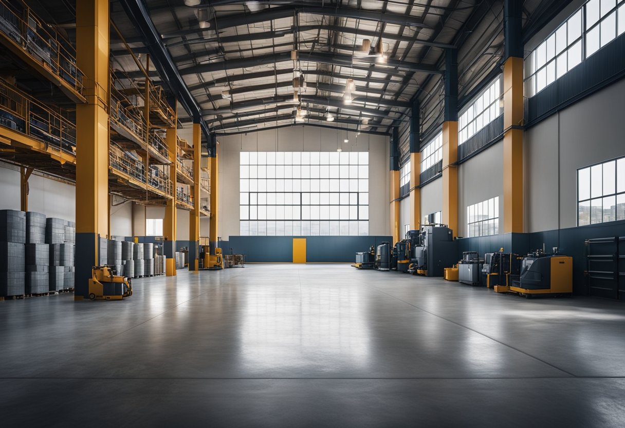 A spacious warehouse with polished concrete floors, industrial machinery, and large windows letting in natural light