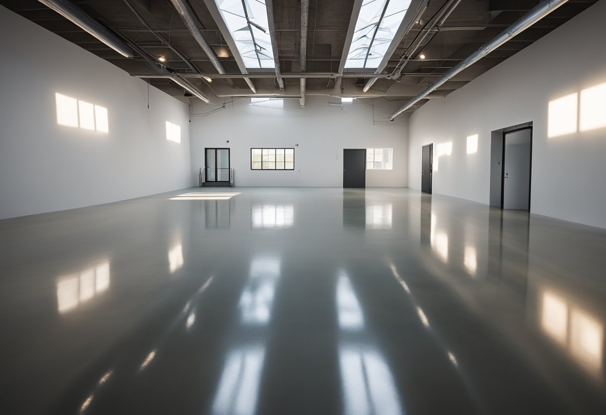 A spacious room with polished concrete floors. A professional pours and spreads epoxy resin, creating a smooth, glossy finish. The room is well-lit with natural light, showcasing the seamless, durable flooring