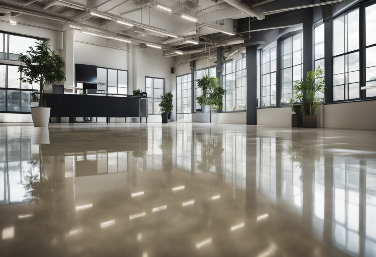 A pristine epoxy floor shines in a well-lit room, showcasing its durability and sleek finish. Nearby, a list of pros and cons is displayed, highlighting the benefits and drawbacks of East Liberty Epoxy Flooring