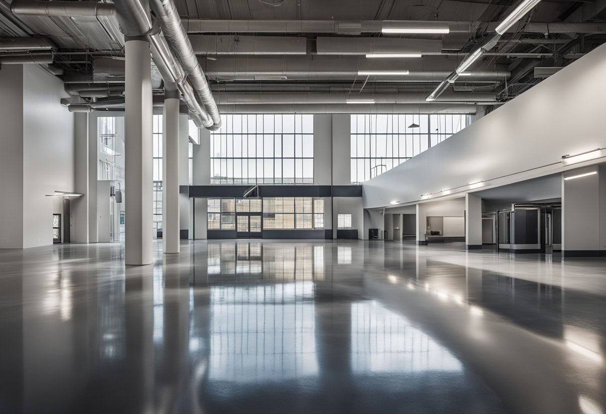 A modern industrial space with sleek, glossy epoxy flooring in East Liberty. Clean lines and a polished finish create a contemporary and durable look