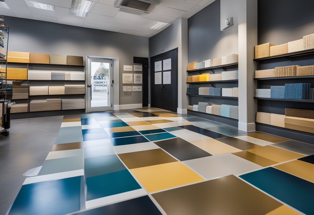 A sleek, modern flooring showroom with a display of epoxy flooring samples and a sign reading "Frequently Asked Questions East Liberty Epoxy Flooring"