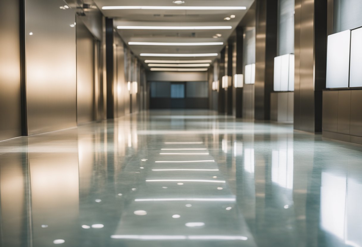 A smooth, glossy epoxy floor shines under bright lighting, reflecting the surrounding environment with a flawless, durable finish