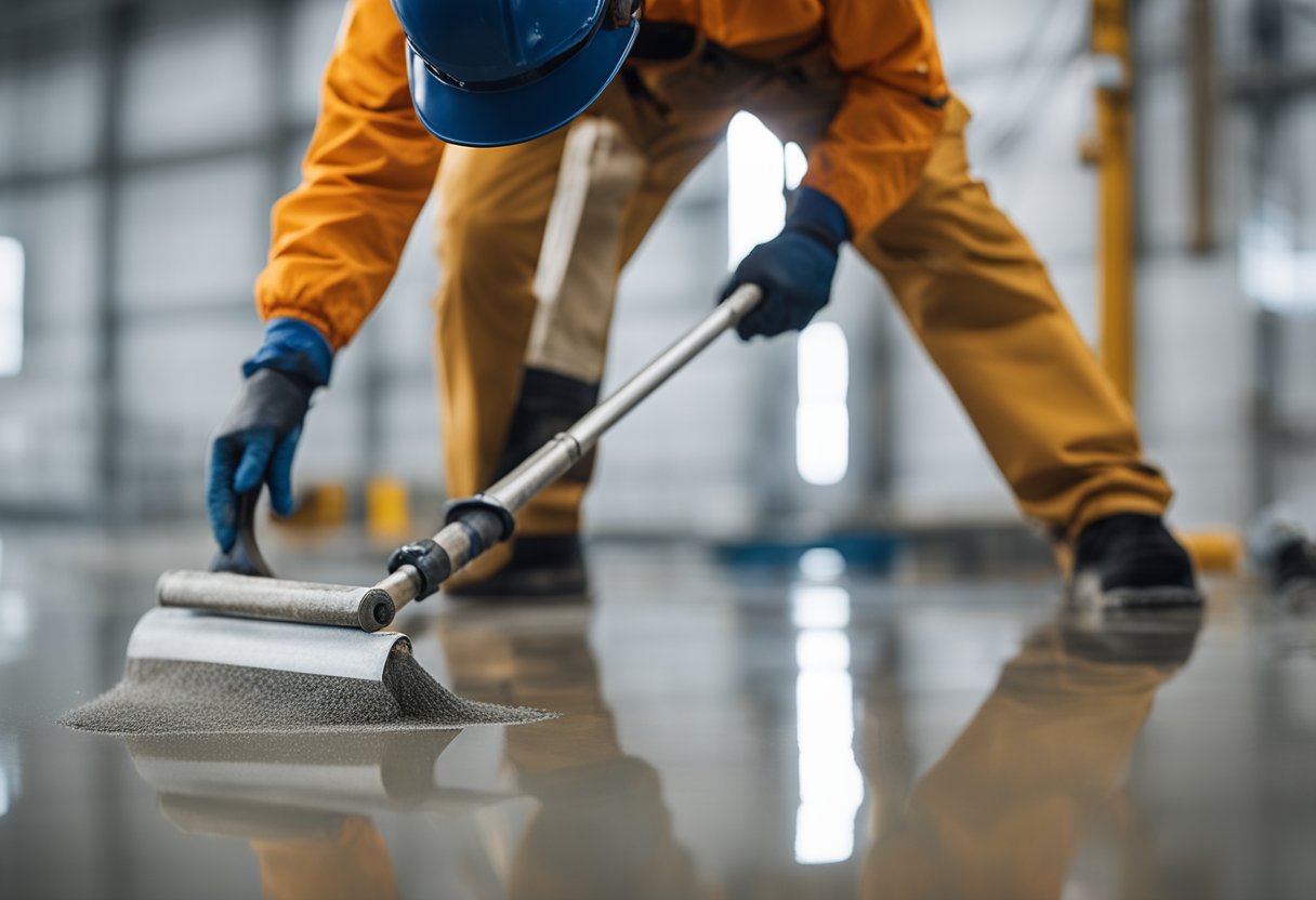 A worker applies epoxy resin to a clean concrete floor, carefully spreading it evenly with a roller. The surface is left to cure for 24 hours before a second coat is applied