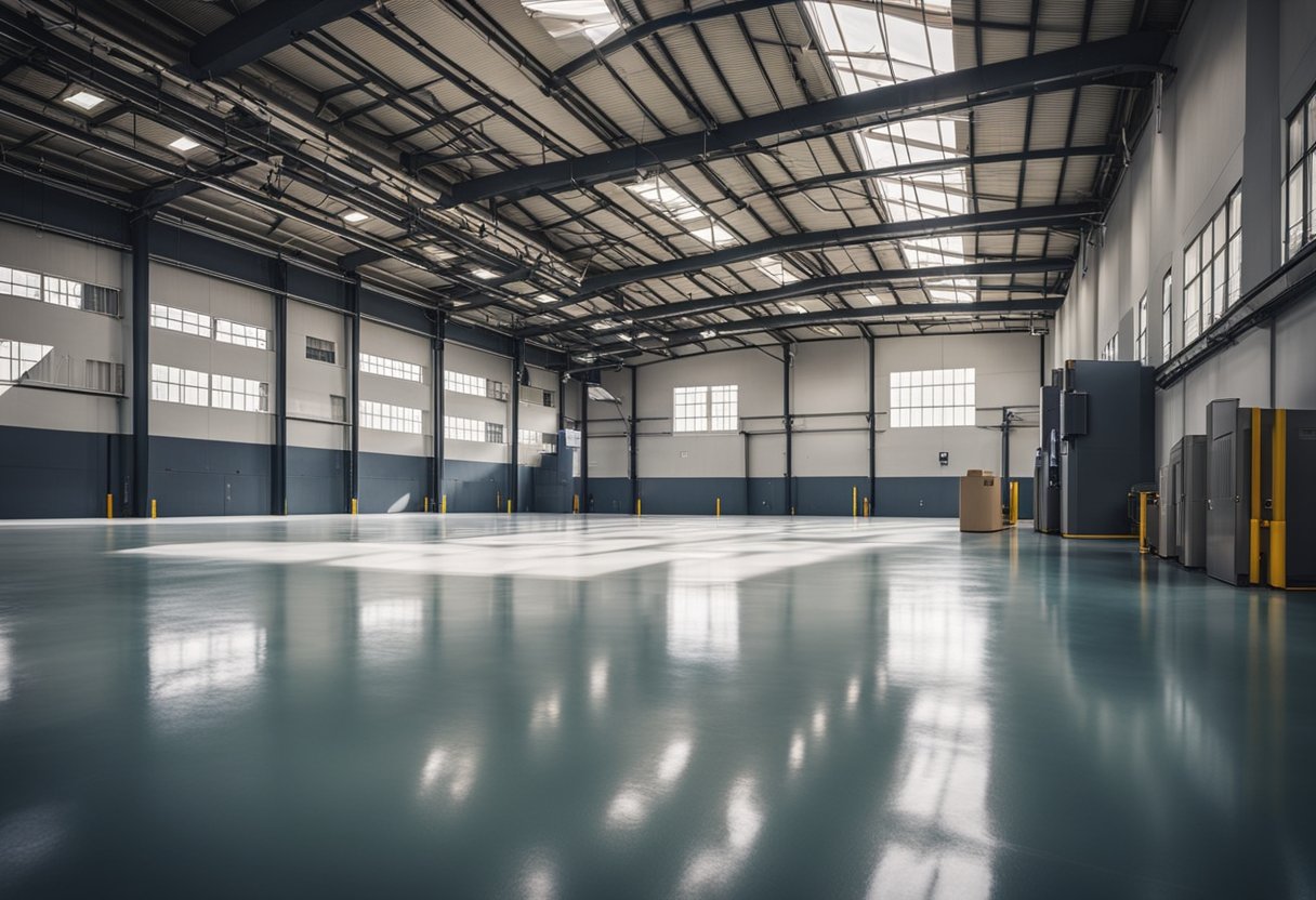 A spacious industrial warehouse with glossy epoxy flooring, showcasing a clean and durable surface suitable for manufacturing and storage facilities