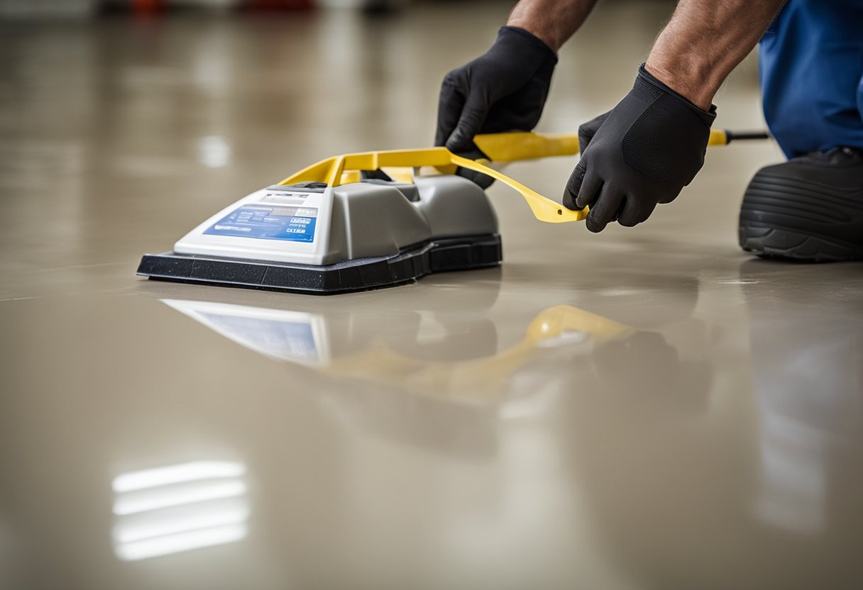 A flooring contractor applies epoxy to a clean, smooth floor surface in Monroeville. Tools and materials are neatly organized nearby