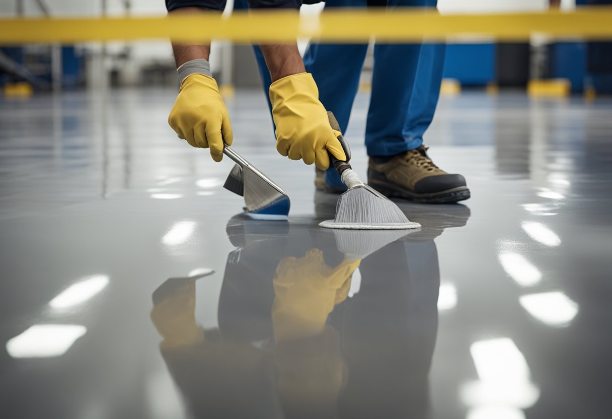A worker applies a protective epoxy coating to a clean and level floor surface, ensuring safety and maintenance for Bloomfield Epoxy Flooring