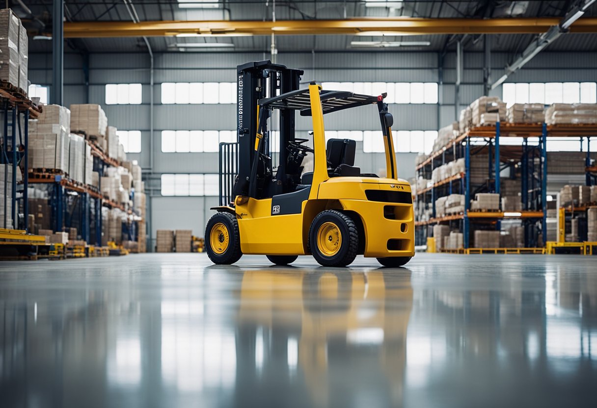 A heavy-duty forklift rolls over a smooth, glossy epoxy floor, showcasing its durability and performance in a busy industrial setting