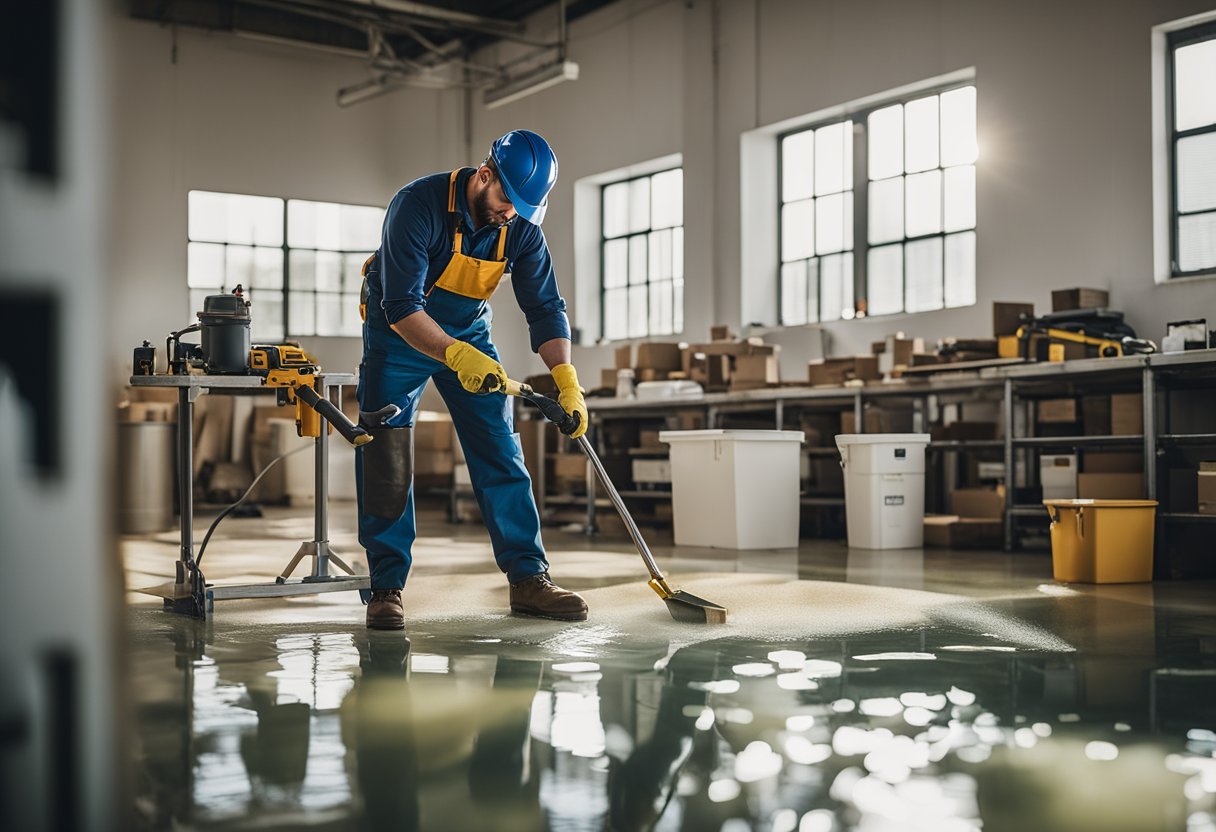 A professional contractor mixes epoxy resin in a well-lit, clean workspace, surrounded by various tools and equipment for Bloomfield Epoxy Flooring