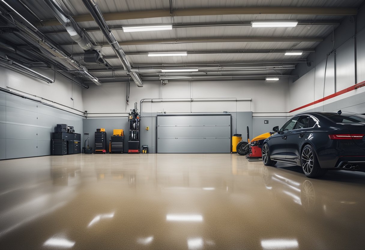 A spacious garage with a shiny, seamless epoxy floor. Tools and equipment neatly organized along the walls, creating a clean and professional look