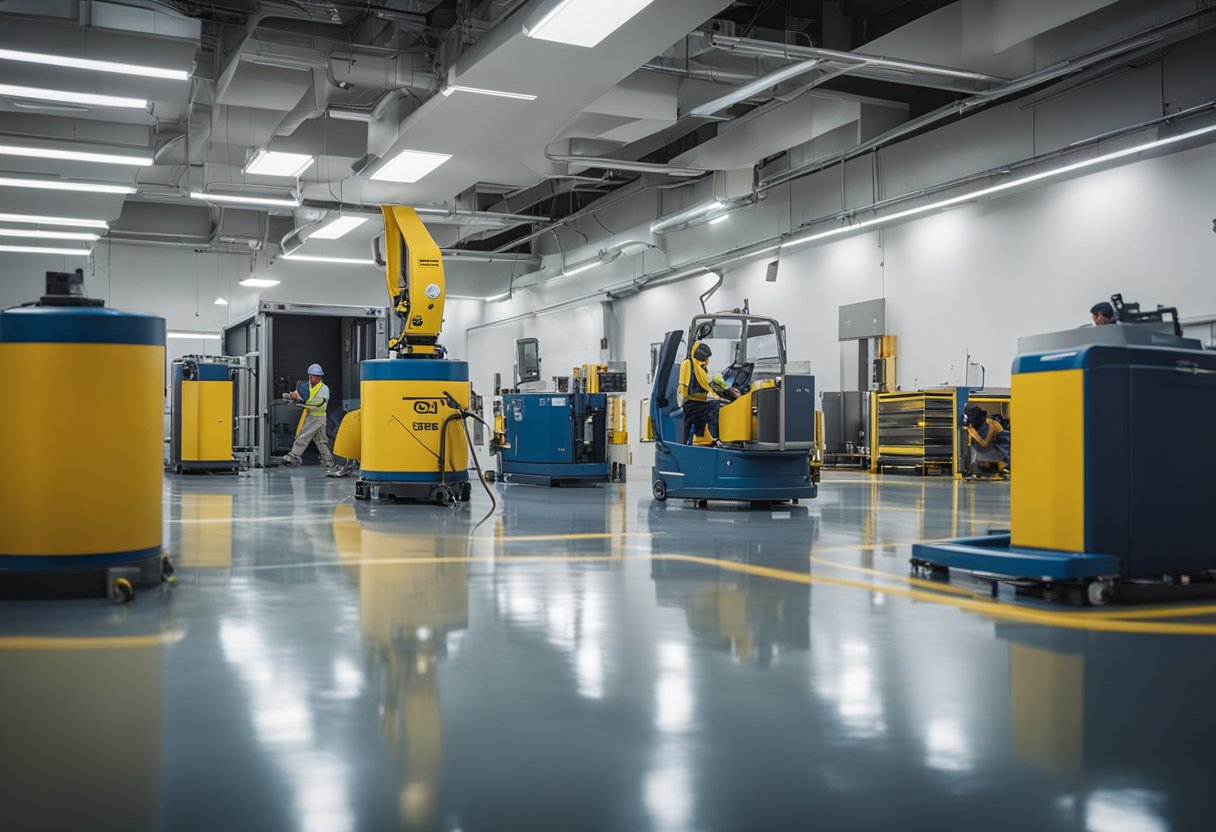 A team of workers applies epoxy flooring in a commercial space, surrounded by equipment and materials. The area is clean and well-organized, with a focus on precision and attention to detail
