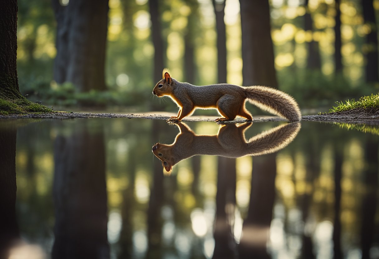 A squirrel scampers across a glossy epoxy floor, reflecting the dappled sunlight filtering through the trees outside