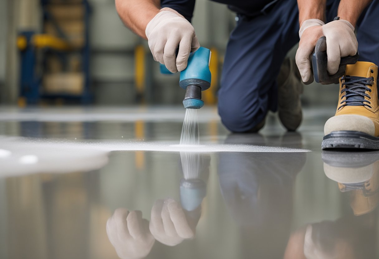A worker pours epoxy onto a clean, level floor. Another worker spreads the epoxy evenly with a trowel, creating a smooth, glossy surface