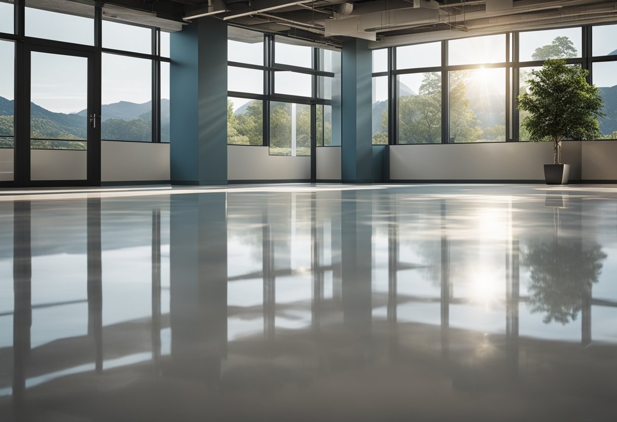 A spacious room with a smooth, glossy epoxy flooring in Squirrel Hill. Light reflects off the surface, showcasing its durability and modern appeal
