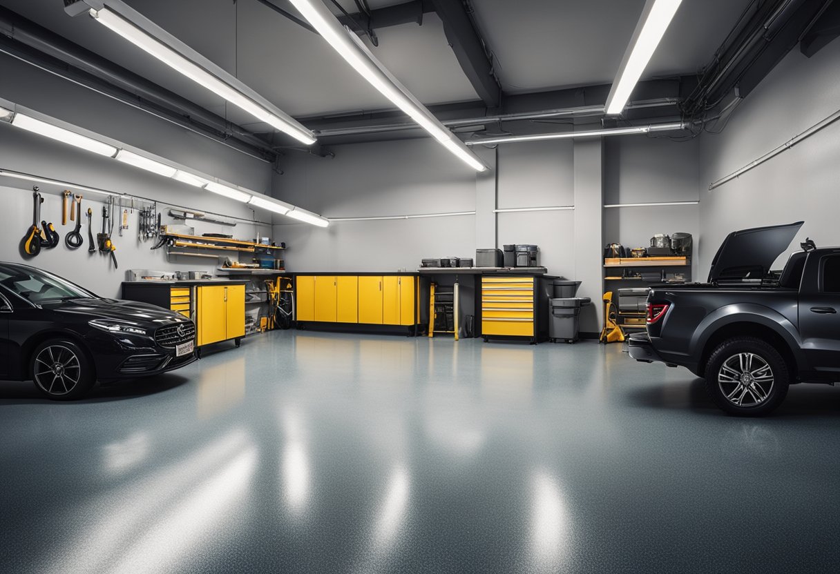 A spacious garage with a shiny, seamless epoxy floor, reflecting the overhead lights. Tools and equipment neatly organized along the walls