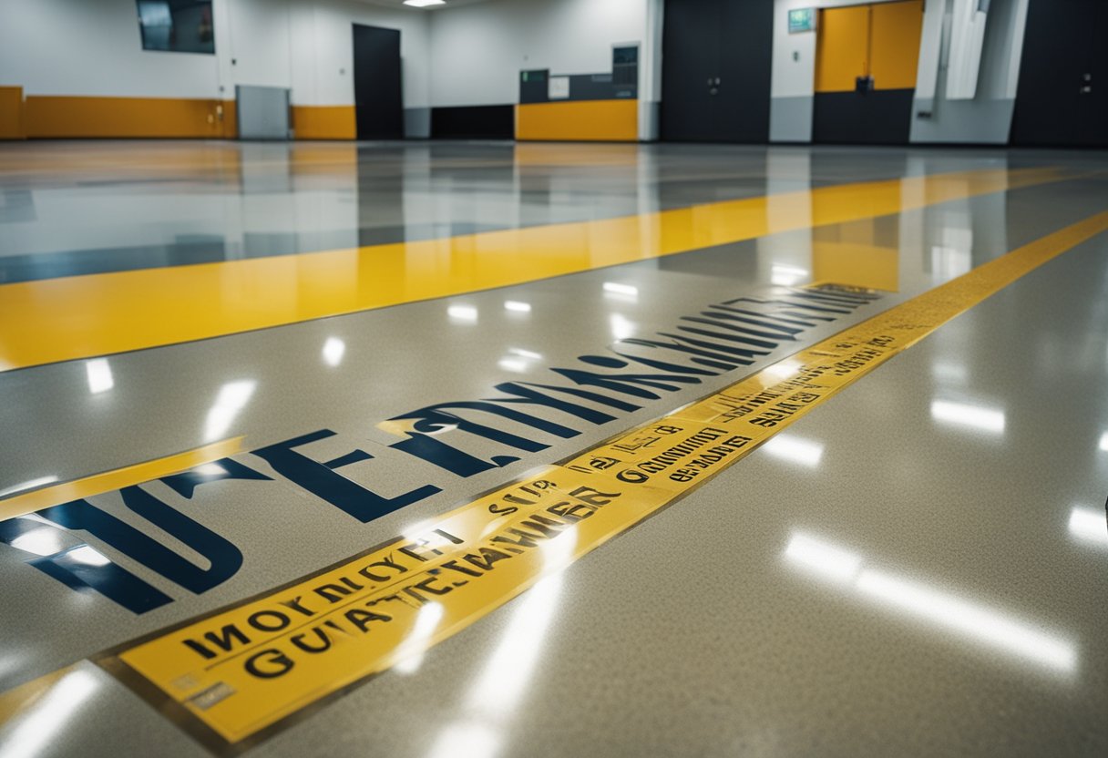 A shiny epoxy floor with a "Warranty and Guarantee" sign prominently displayed in Monroeville