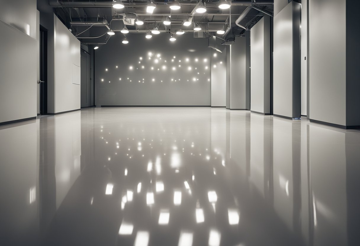 A smooth, glossy epoxy floor shines under bright lighting, showcasing the various types of finishes available, including high-gloss, matte, and metallic options