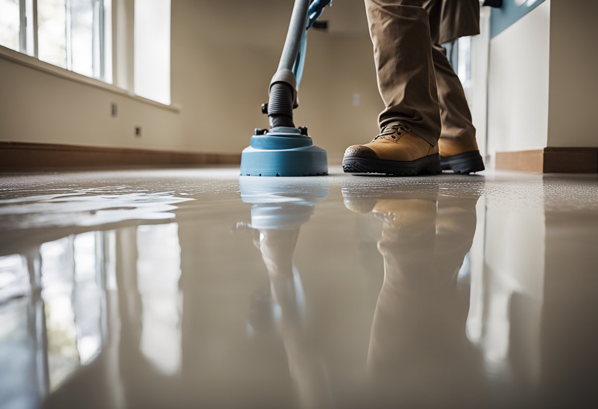 A contractor applies epoxy flooring in a Squirrel Hill home, carefully smoothing the surface for a flawless finish