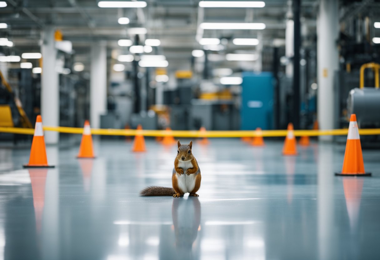 A squirrel navigates a smooth, shiny epoxy floor, surrounded by safety signs and equipment. The floor's reflective surface enhances visibility and performance