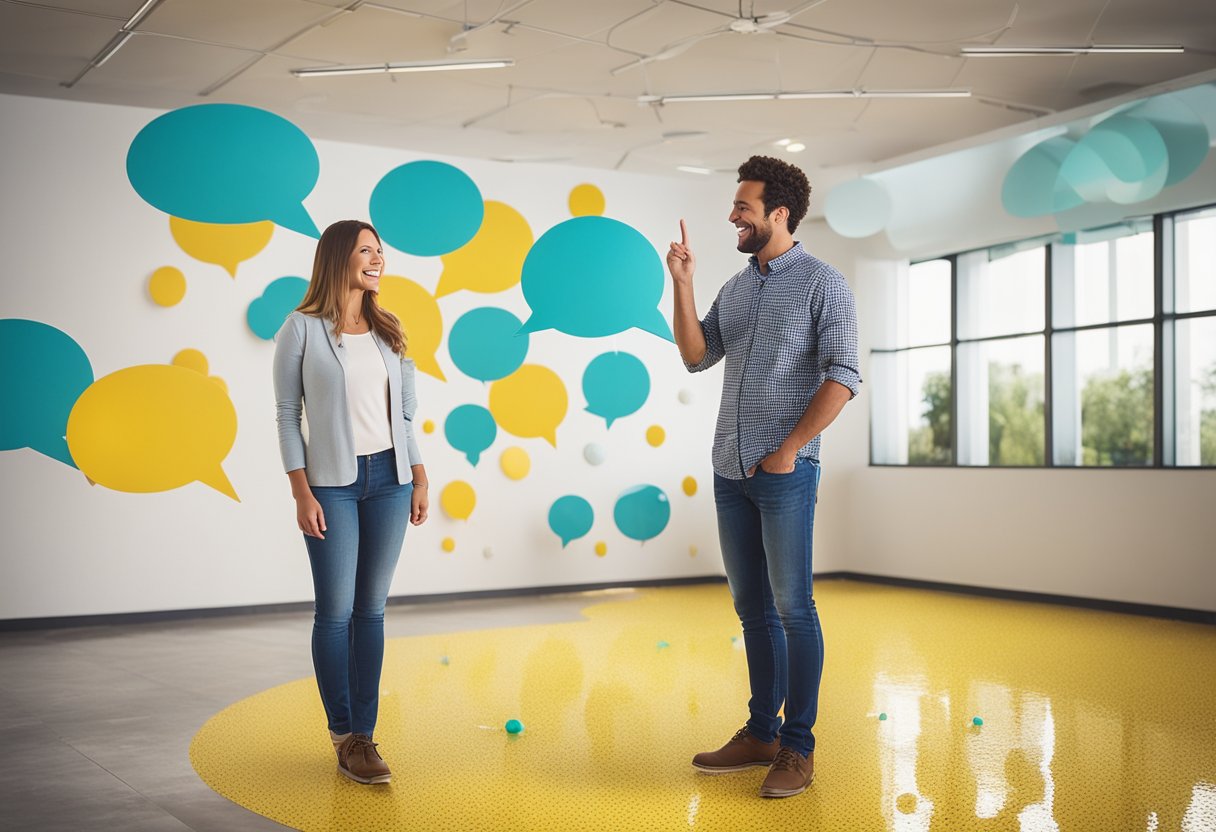 A happy customer points to their newly installed epoxy flooring, smiling with satisfaction. Positive feedback bubbles around the room in speech bubbles