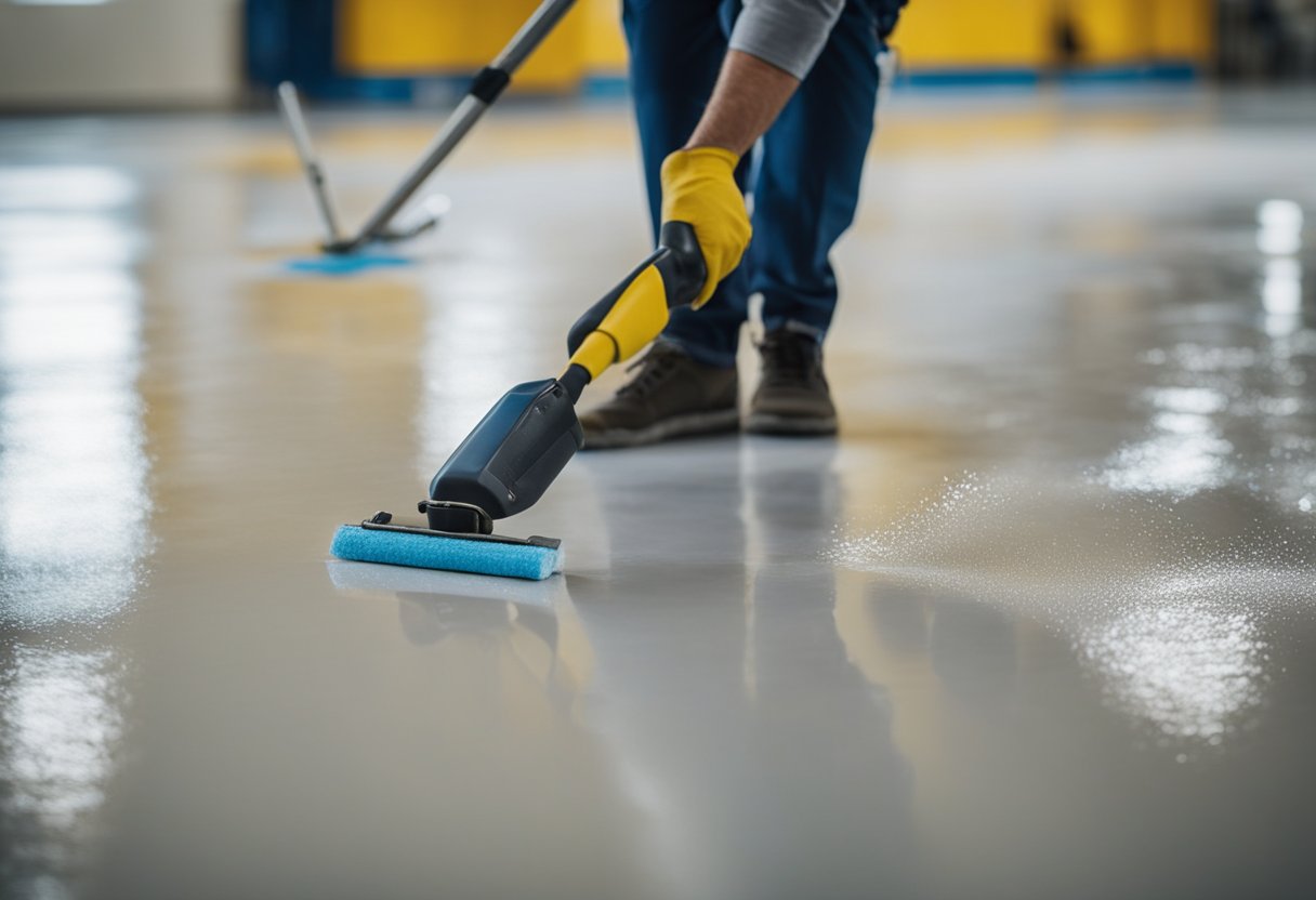 A person applies epoxy sealant to a clean, dry floor using a roller, ensuring even coverage and a smooth finish