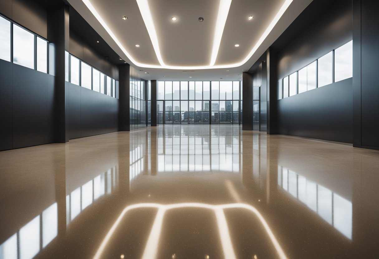 A sleek, glossy epoxy floor gleams under soft lighting, reflecting the surrounding space with a mirror-like finish