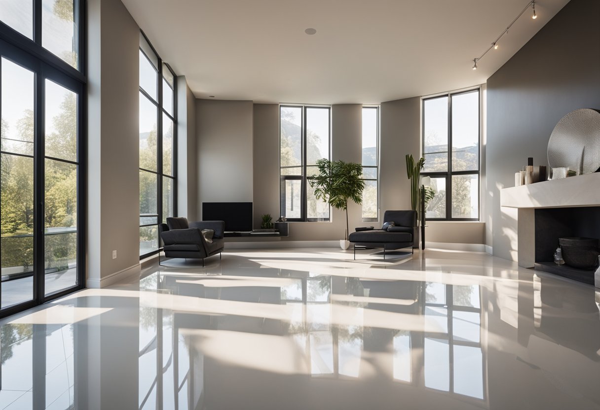 A spacious, modern living room with sleek, glossy epoxy flooring in Shadyside. The sunlight streams in through large windows, casting a beautiful, reflective sheen on the floor