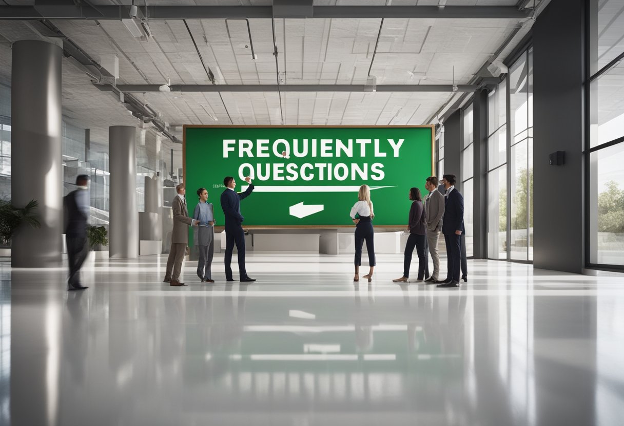 A group of people are gathered around a large sign that reads "Frequently Asked Questions Monroeville Epoxy Flooring." The sign is prominently displayed in a commercial or office setting, with clean and polished floors