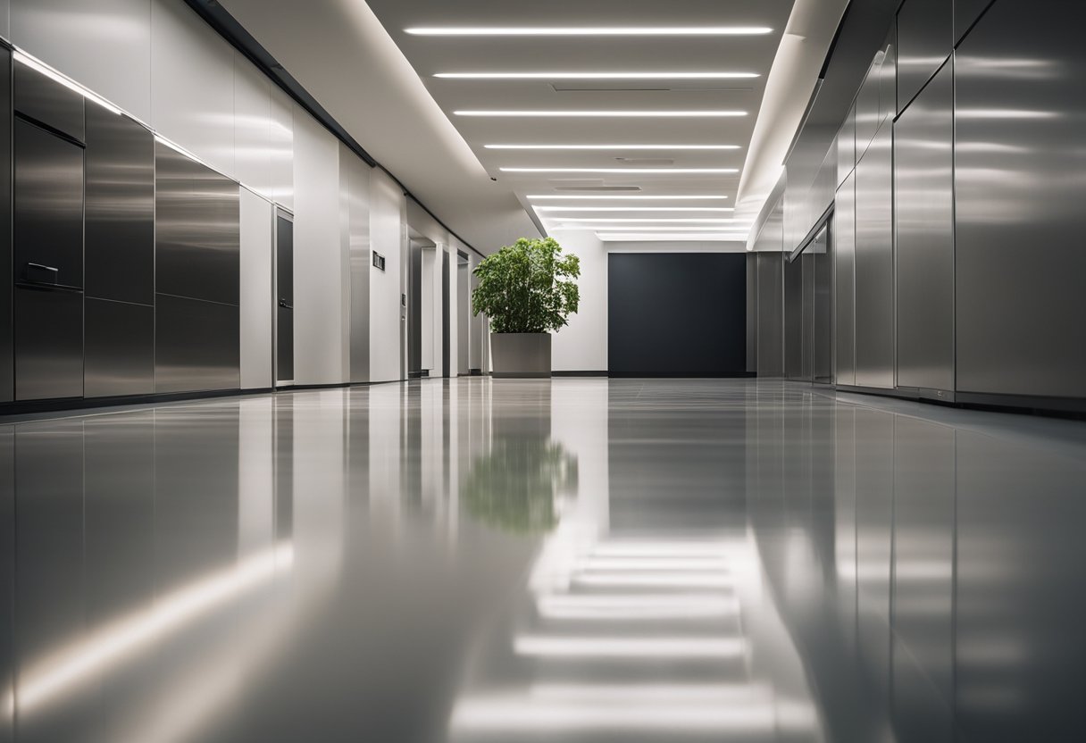 A sleek, modern floor with a glossy finish. The light reflects off the surface, creating a smooth and seamless appearance