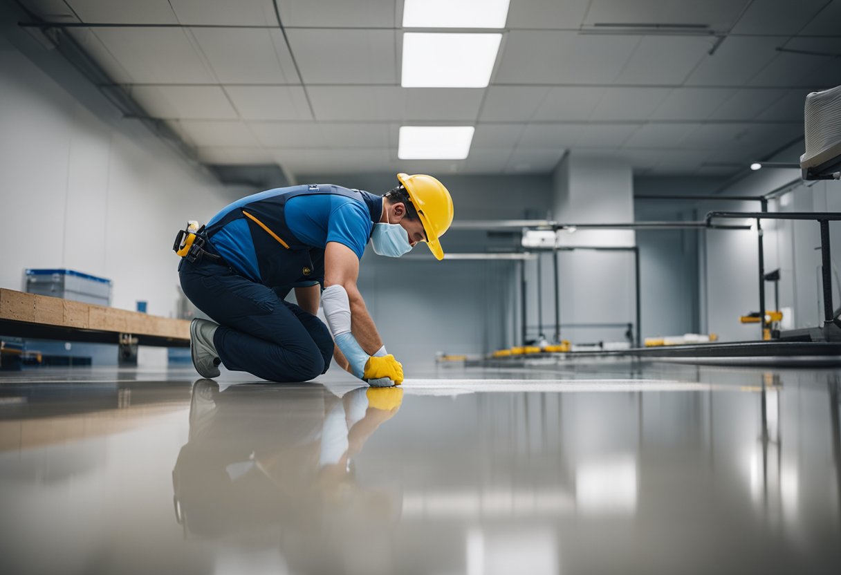 A worker applies epoxy to a clean, smooth surface. Tools and materials are neatly organized nearby. The space is well-lit and free of clutter