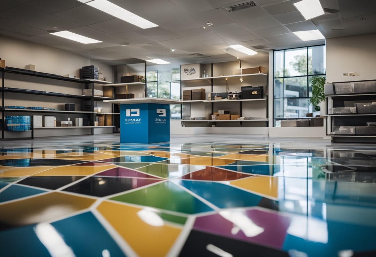 A variety of epoxy flooring types and designs are displayed in a showroom, showcasing the options available for Shadyside Epoxy Flooring