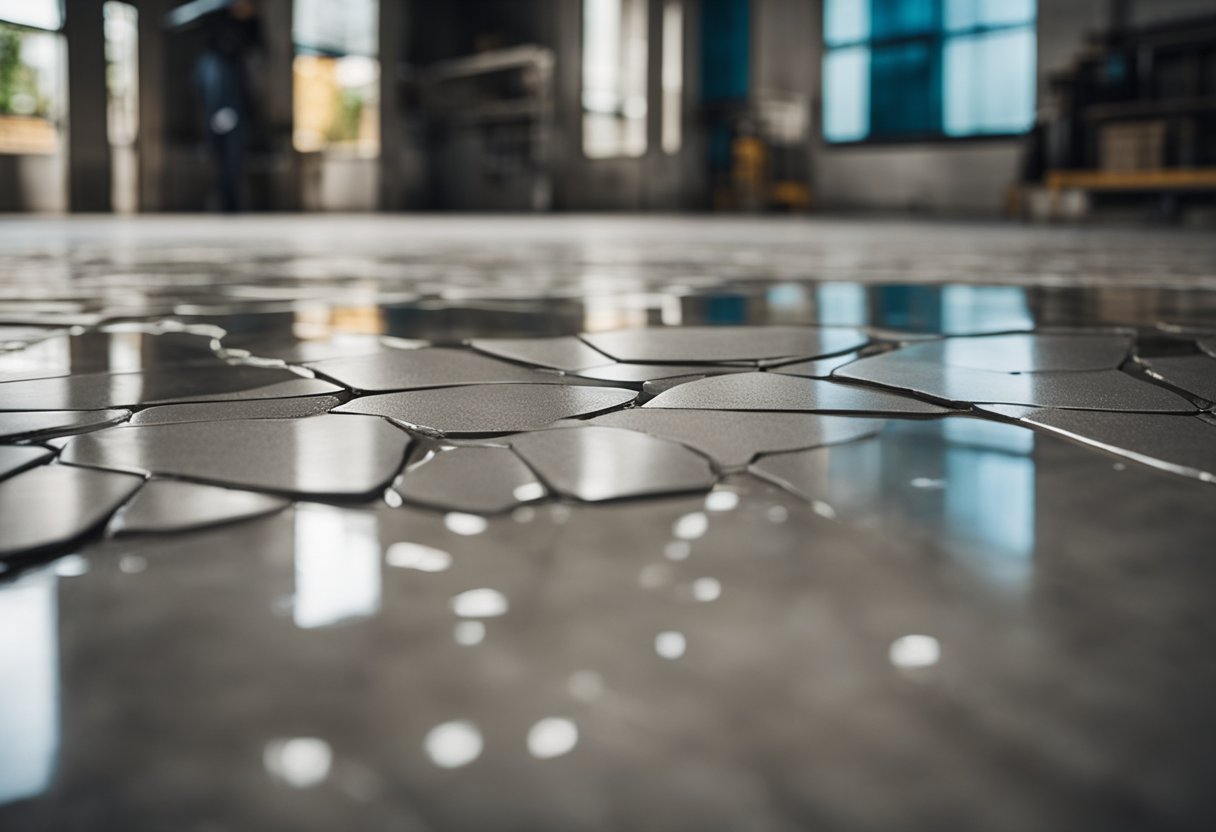 A cracked concrete floor is transformed with a glossy epoxy coating. Tools and materials are neatly organized nearby. A finished section showcases a smooth, durable surface