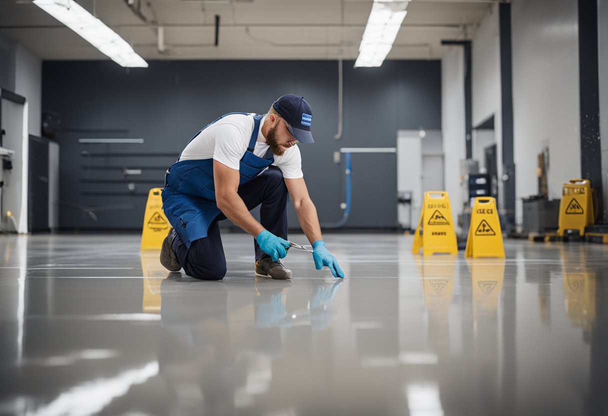 A professional installer carefully applies epoxy flooring in a Shadyside location, ensuring a smooth and even finish