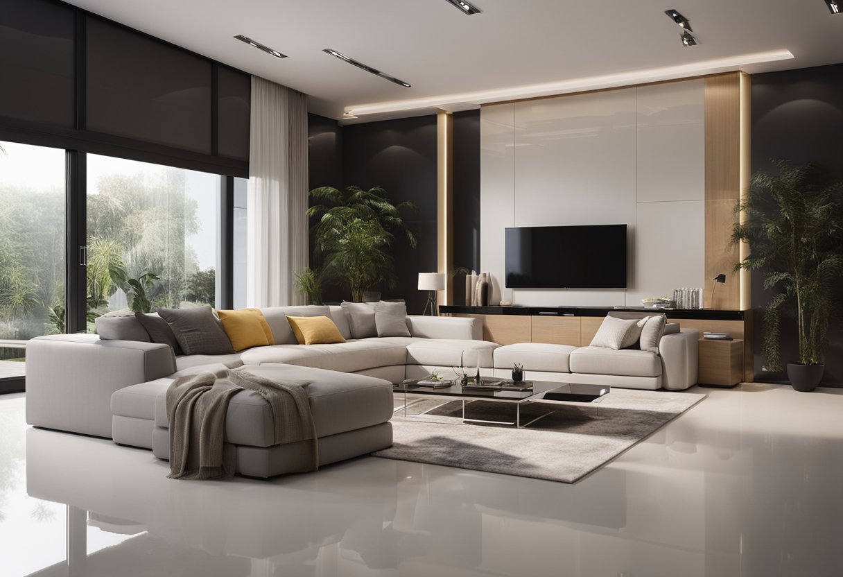 A spacious living room with modern furniture and shiny epoxy flooring, adding value to the home
