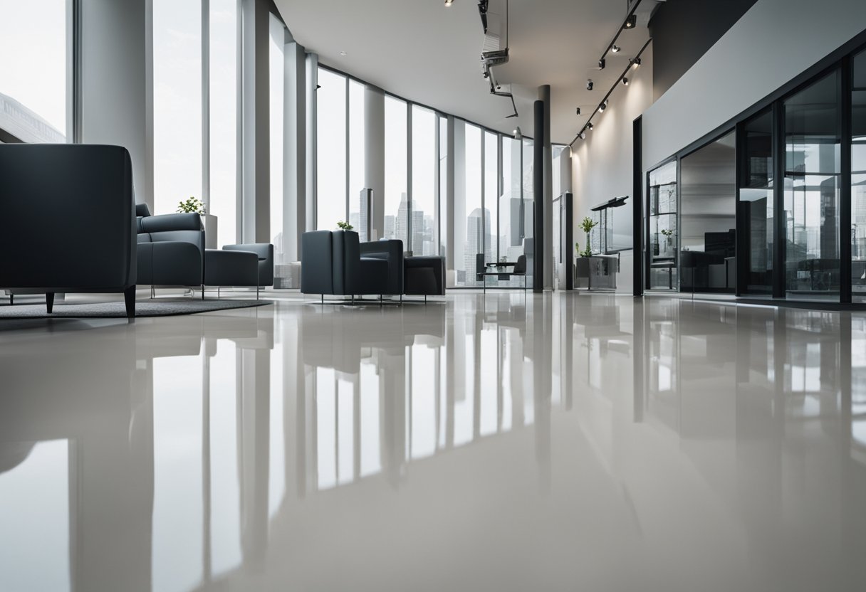 A shiny, seamless epoxy floor in a modern interior setting with clean lines and minimalistic furnishings. The floor reflects the light, creating a sleek and polished finish